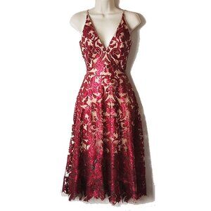 NWT Dress The Population Blair V-Neck Sequined Mesh Flare Dress XS Wine Berry